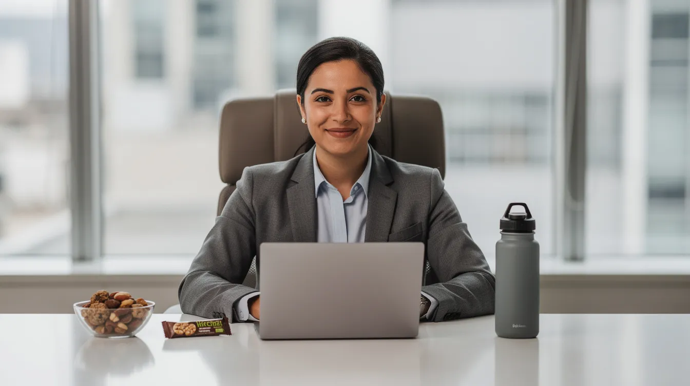 A confident professional is seated at a modern office desk, with a water bottle and a small snack nearby, symbolizing a healthy approach to managing daily life and diabetes. This image reflects the importance of maintaining blood glucose levels and highlights the supportive environment for individuals with disabilities in the workplace.